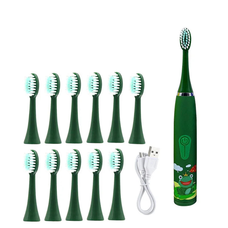 Crianças escova de dentes elétrica dos desenhos animados crianças com cabeça substituição ultra sônica ipx7 à prova dwaterproof água recarregável sonic escova