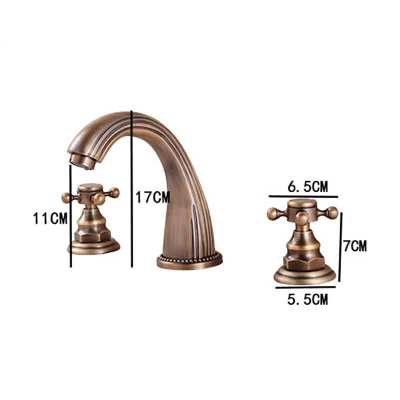 Antique Brass Classic Torneira De Pia De Banheiro, Double Cross Handle, 3 furos Banheiro, torneiras misturadoras, ouro, 3pcs