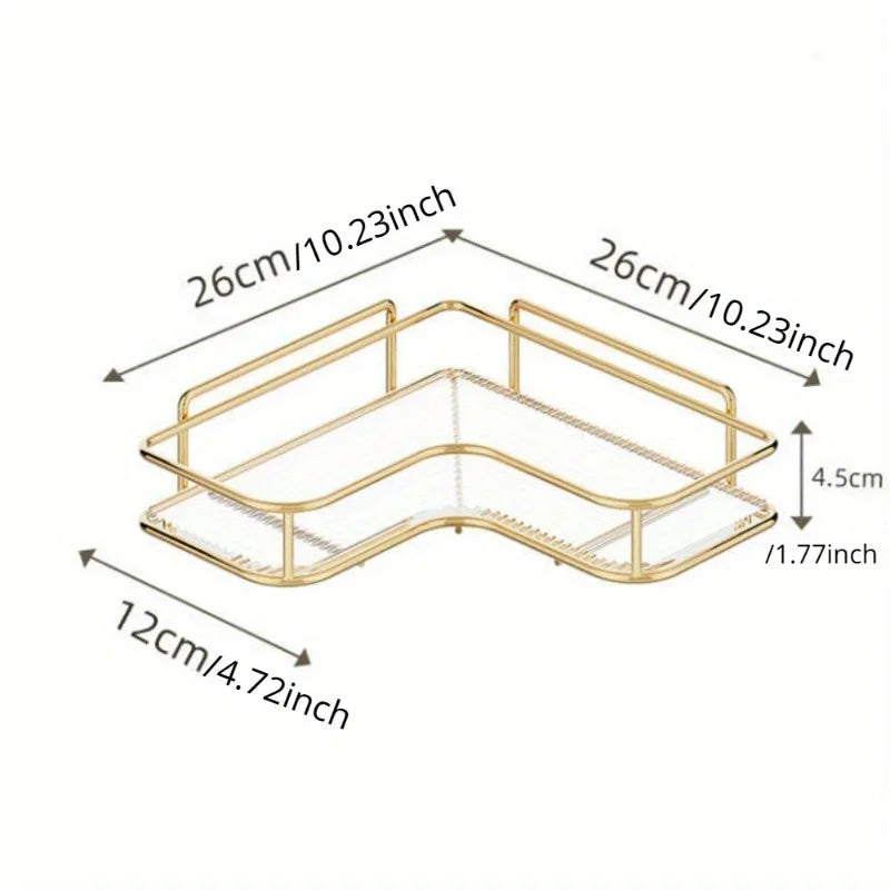 Prateleiras do banheiro douradas, rack de armazenamento triangular montado na parede, acrílico, lavagem das mãos e mesa de lavagem, banheiro, canto dobrável