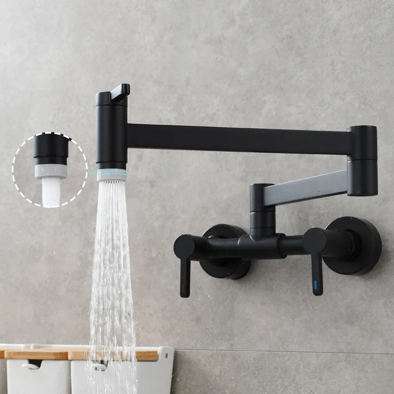 Pote de enchimento torneira de parede dobrável torneira da cozinha quente e fria único furo pia girar bico dobrável escovado ouro latão