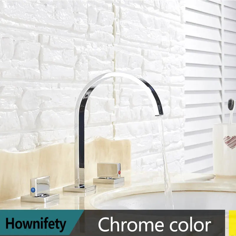 Torneira dourada para pia de banheiro, torneira de água quente e fria com três furos e duas alças, torneira para banheira de lavagem com montagem em deck