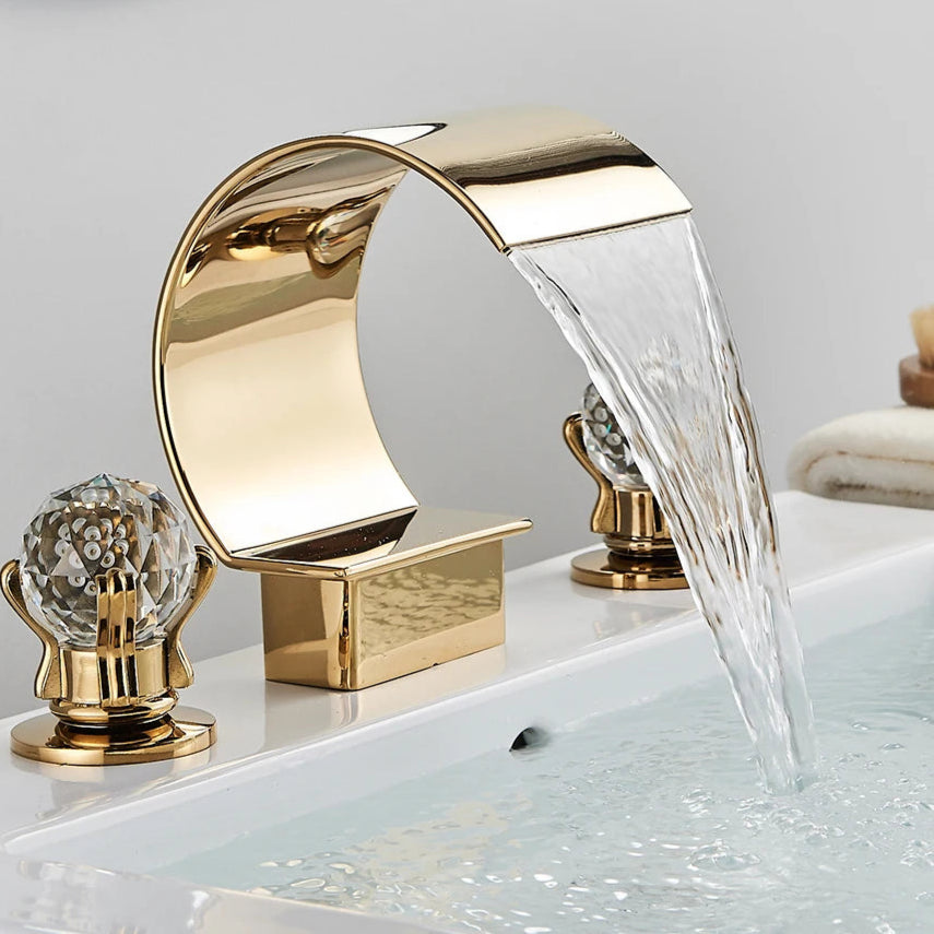Torneira De Lavatório De Guindaste Com Alças Duplas, Misturador De Lavatório De Banheiro, Torneira, Deck Montado, Misturadores De Banheira, Cachoeira Dourada Brilhante