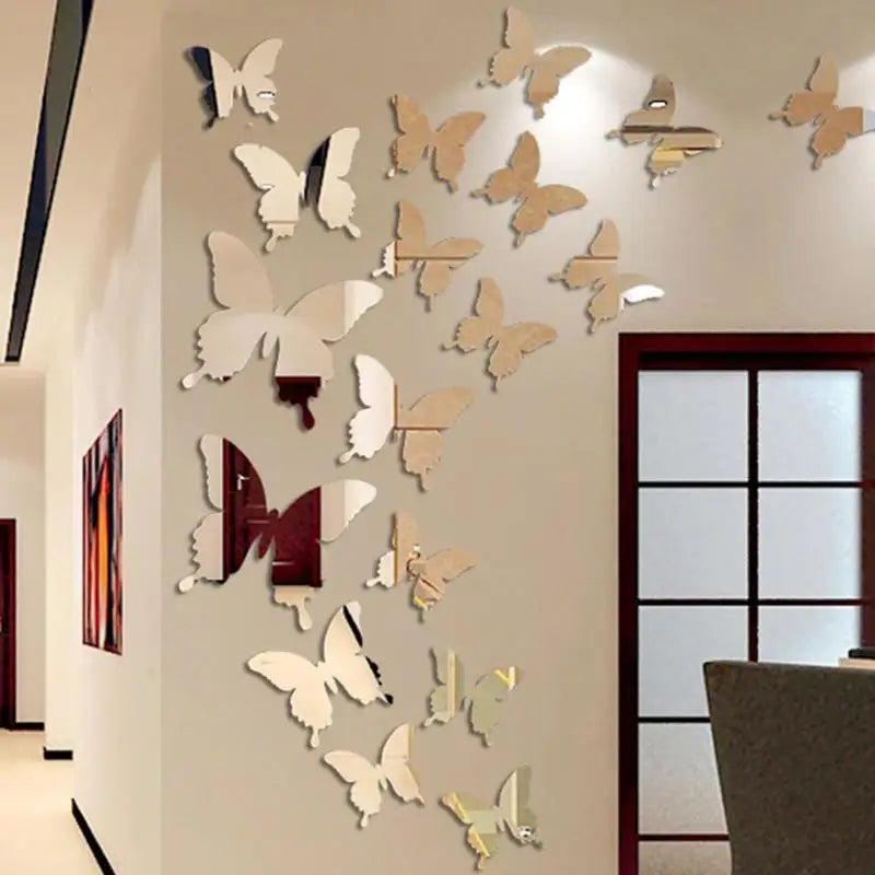 Adesivo de parede de espelho de borboleta 3d 12 drive arte de parede removível decoração de casamento quarto infantil adesivo de decoração