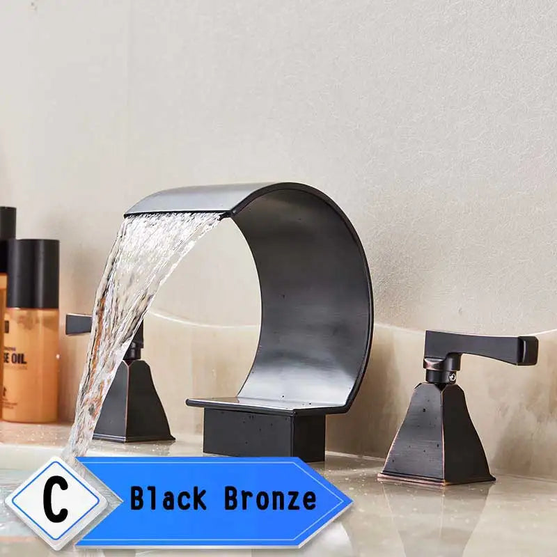 Torneira De Lavatório De Guindaste Com Alças Duplas, Misturador De Lavatório De Banheiro, Torneira, Deck Montado, Misturadores De Banheira, Cachoeira Dourada Brilhante