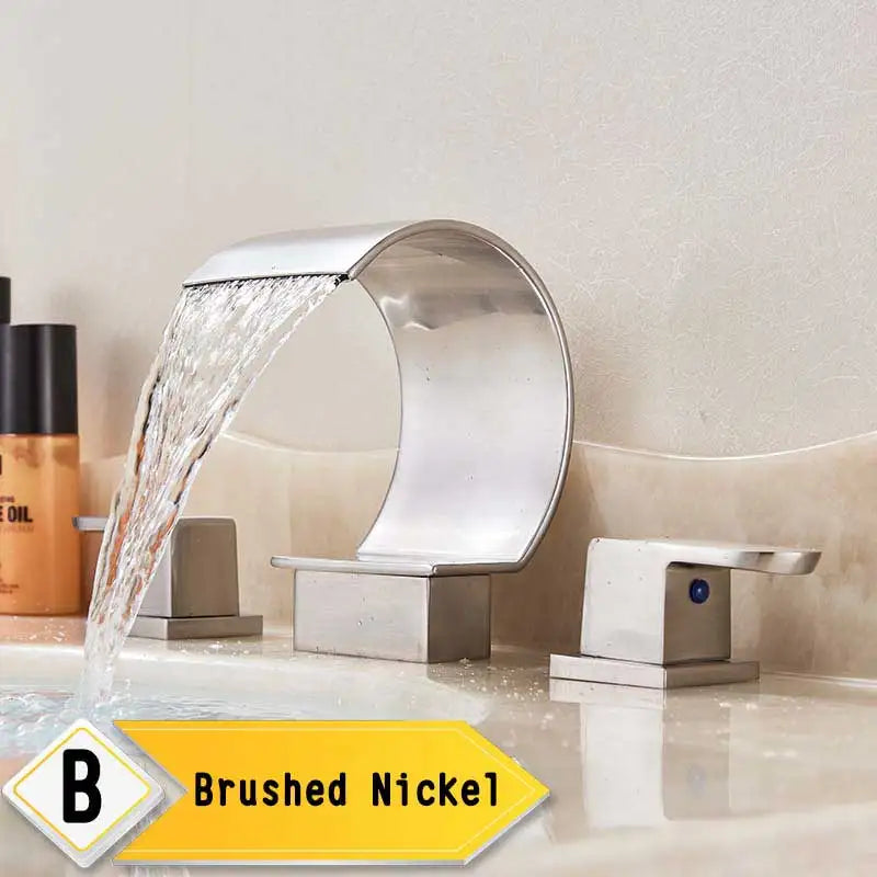 Torneira De Lavatório De Guindaste Com Alças Duplas, Misturador De Lavatório De Banheiro, Torneira, Deck Montado, Misturadores De Banheira, Cachoeira Dourada Brilhante