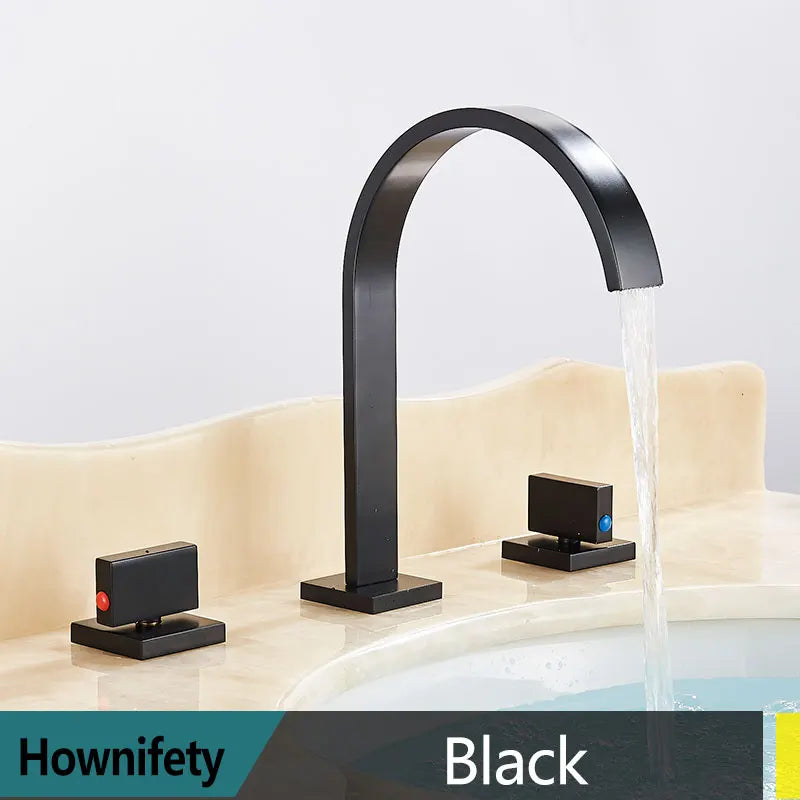 Torneira dourada para pia de banheiro, torneira de água quente e fria com três furos e duas alças, torneira para banheira de lavagem com montagem em deck