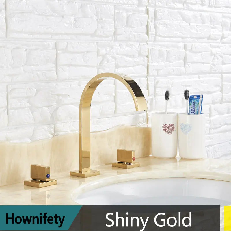Torneira dourada para pia de banheiro, torneira de água quente e fria com três furos e duas alças, torneira para banheira de lavagem com montagem em deck