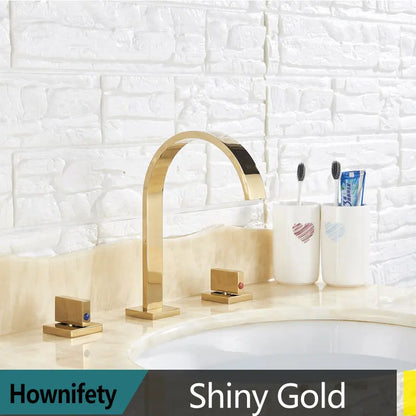 Torneira dourada para pia de banheiro, torneira de água quente e fria com três furos e duas alças, torneira para banheira de lavagem com montagem em deck