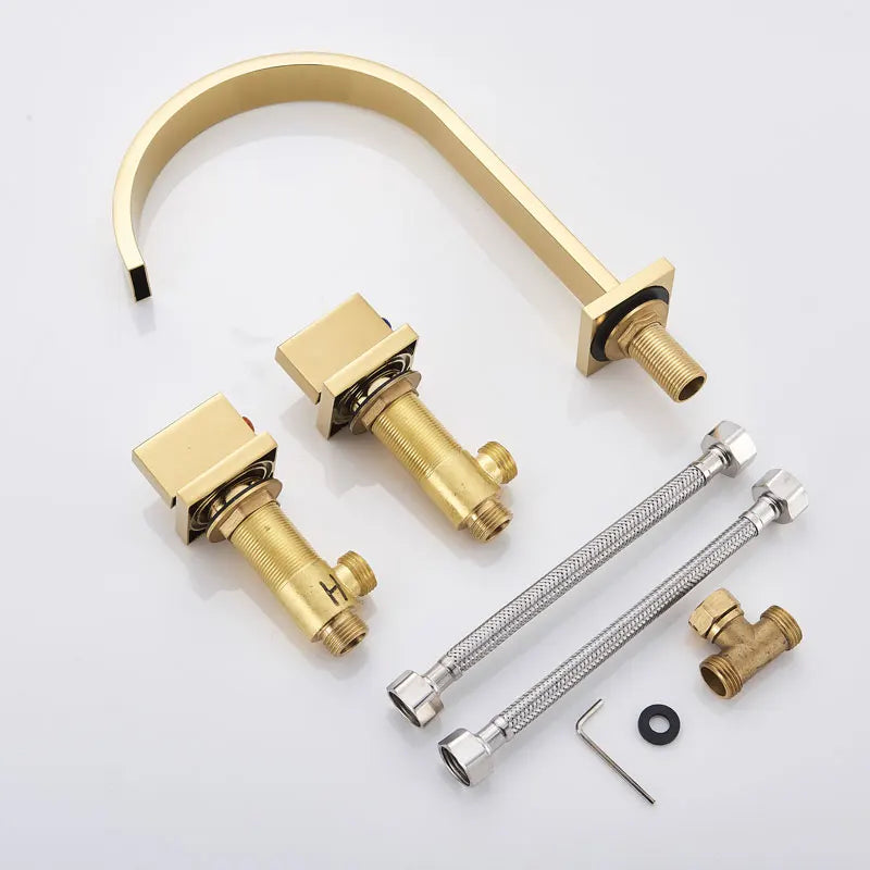 Torneira dourada para pia de banheiro, torneira de água quente e fria com três furos e duas alças, torneira para banheira de lavagem com montagem em deck