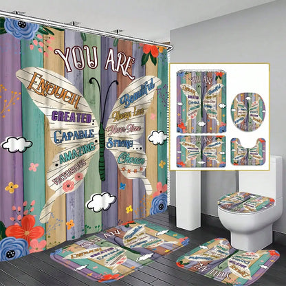 Conjunto de banheiro de 4 peças, cortina de chuveiro de tecido à prova d'água estilo palácio com 12 ganchos, tapete de banheiro antiderrapante, tampa de vaso sanitário em forma de u