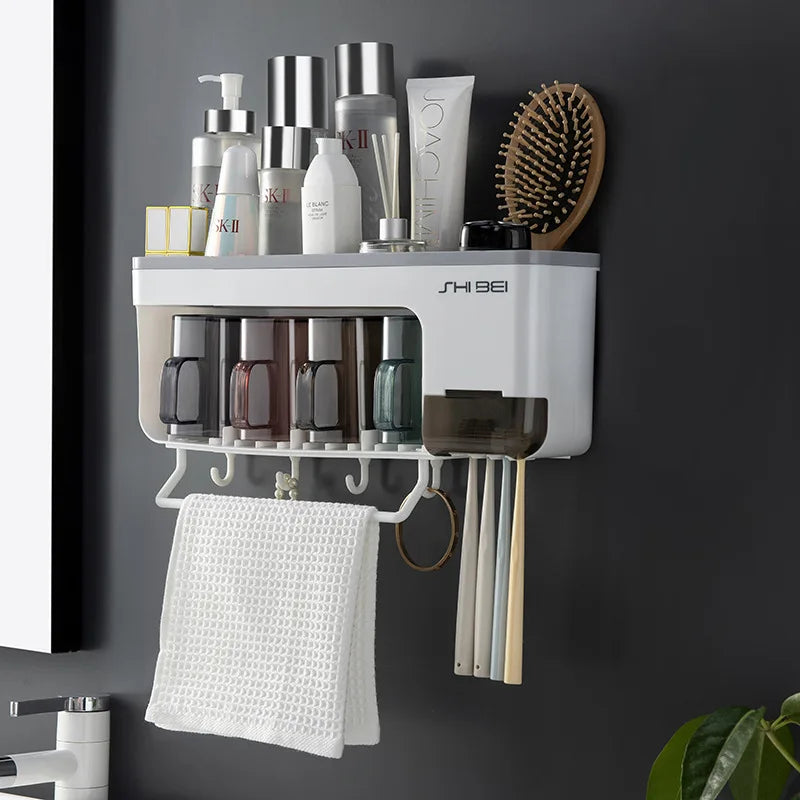 Suporte de parede para escova de dentes, com copo, rack de armazenamento multifuncional para escova de dentes, pasta de dente, toalha suspensa, organizadores de banheiro