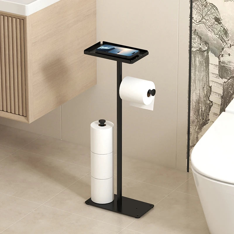 Rack de papel higiênico de chão, rack sanitário de banheiro dourado com bandeja de telefone, rack de armazenamento multifuncional