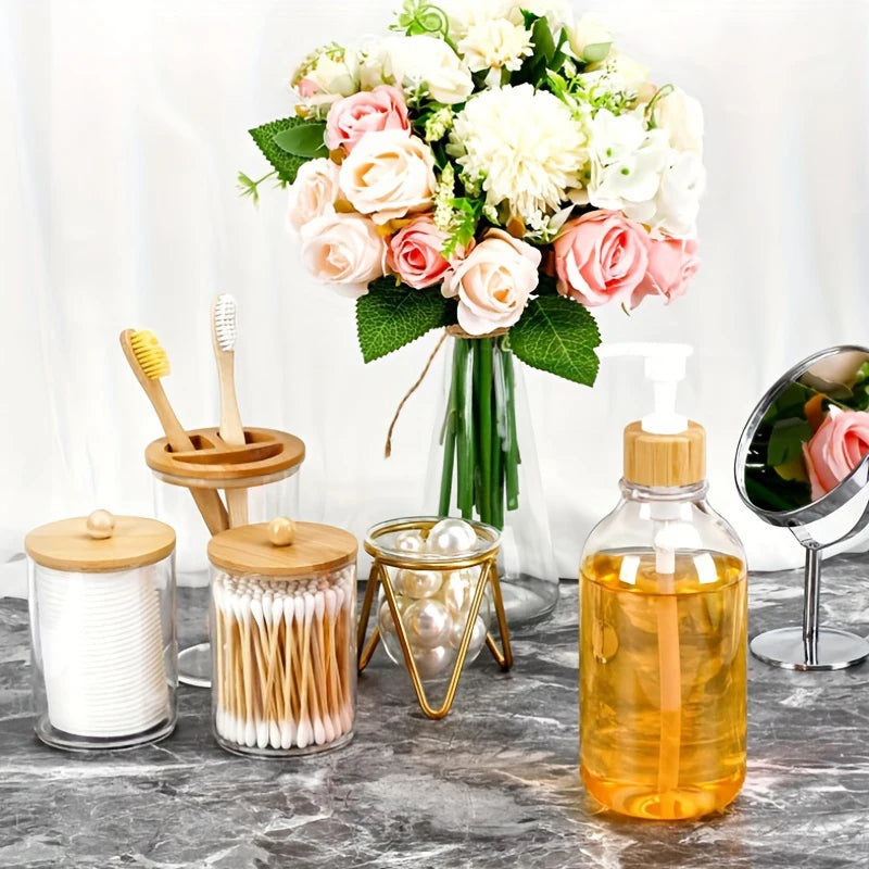 Conjunto de 4 acessórios de banheiro de bambu, dispensador de sabonete, suporte de escova de dentes, 2 potes de suporte de cotonete, decoração de banheiro do país boêmio
