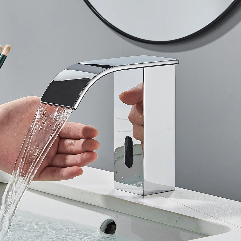 Rozin preto inteligente sensor torneira da bacia do banheiro touchless automático sentido misturador cachoeira água quente e fria lavatório guindaste