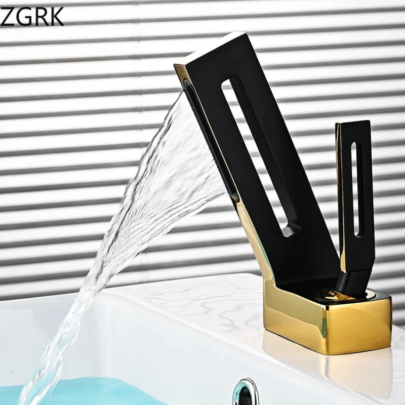 Torneira de cachoeira para banheiro, Torneira de pia de latão, Torneira misturadora de água quente e fria, Esvaziada, Design criativo