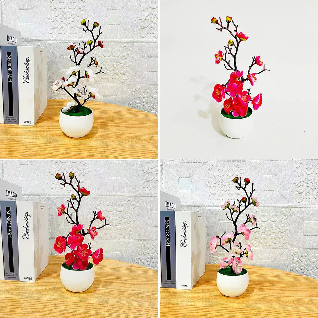 Bonsai flores de seda flores de ameixa planta artificial flores falsas pote flores sakura galhos de árvore decoração do quarto casa