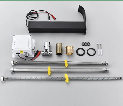 Rozin preto inteligente sensor torneira da bacia do banheiro touchless automático sentido misturador cachoeira água quente e fria lavatório guindaste
