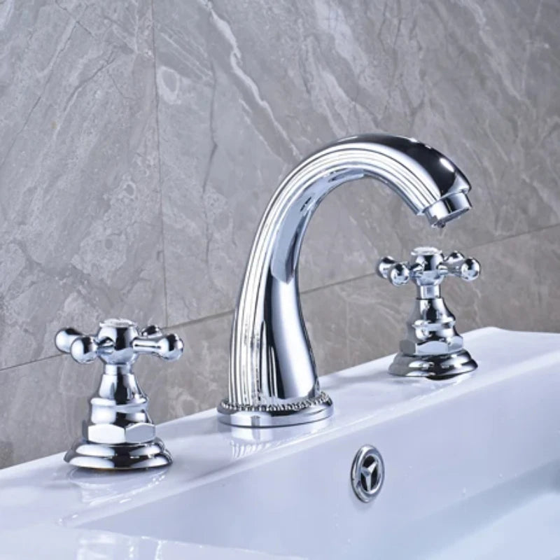 Antique Brass Classic Torneira De Pia De Banheiro, Double Cross Handle, 3 furos Banheiro, torneiras misturadoras, ouro, 3pcs