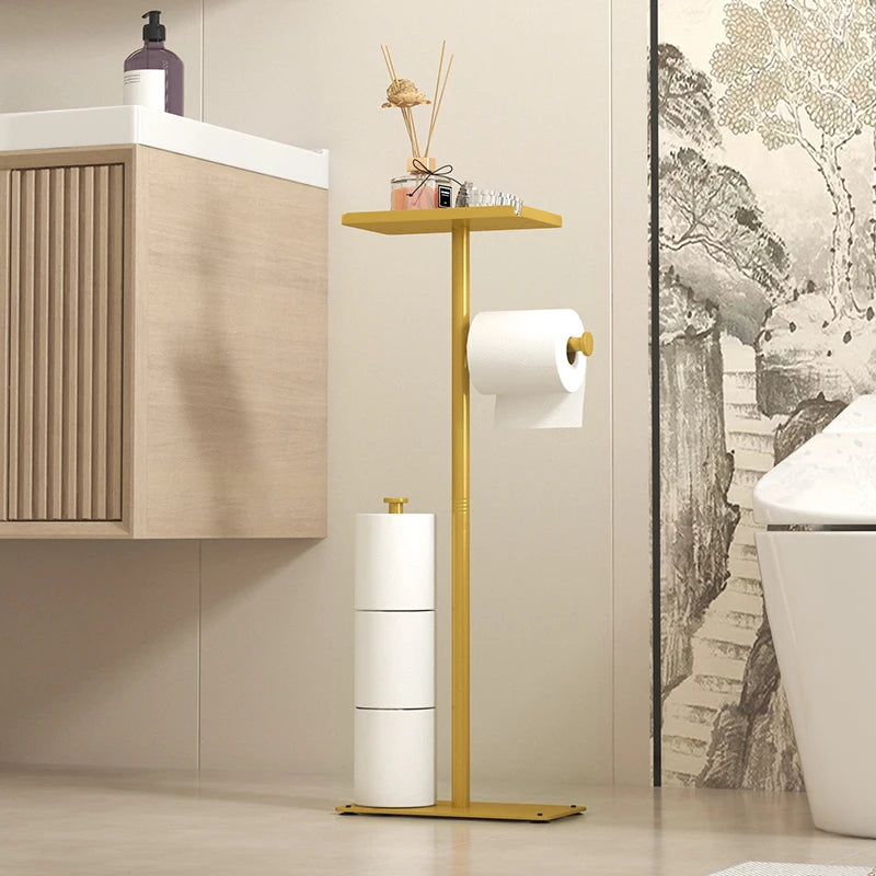 Rack de papel higiênico de chão, rack sanitário de banheiro dourado com bandeja de telefone, rack de armazenamento multifuncional