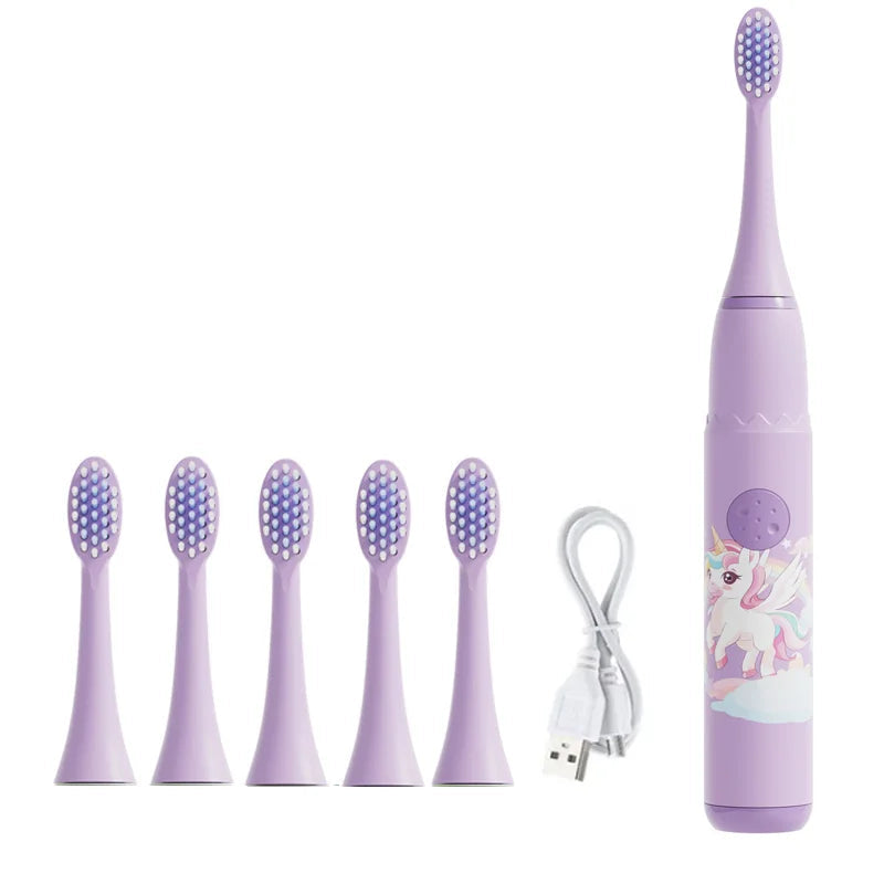 Crianças escova de dentes elétrica dos desenhos animados crianças com cabeça substituição ultra sônica ipx7 à prova dwaterproof água recarregável sonic escova