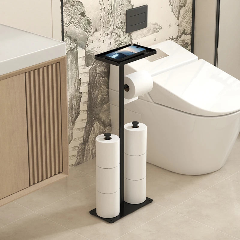 Rack de papel higiênico de chão, rack sanitário de banheiro dourado com bandeja de telefone, rack de armazenamento multifuncional