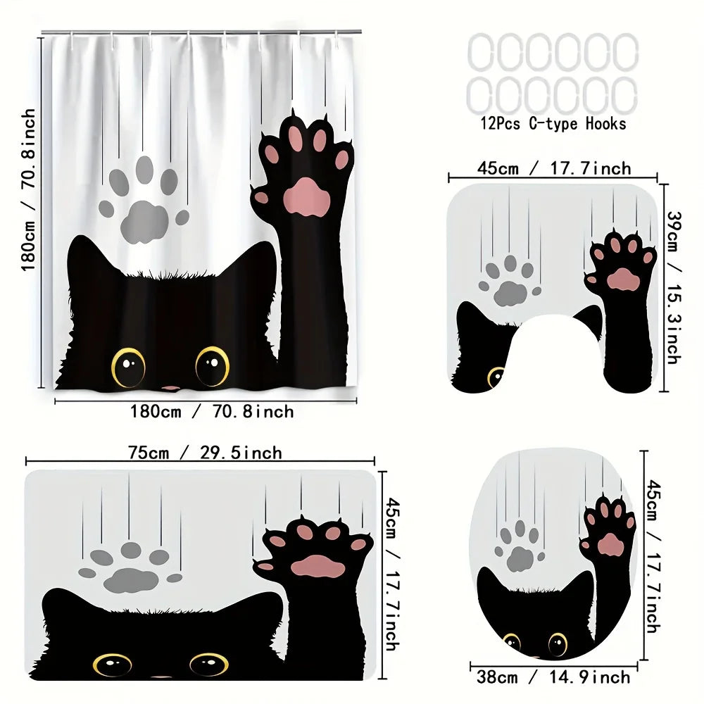 Conjunto de cortina de banheiro de gato preto de 4 peças, conjunto de cortina de banheiro à prova d'água impressa em 3D digital, cortina de banheiro sem furos