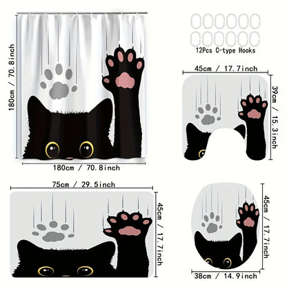 Conjunto de cortina de banheiro de gato preto de 4 peças, conjunto de cortina de banheiro à prova d'água impressa em 3D digital, cortina de banheiro sem furos