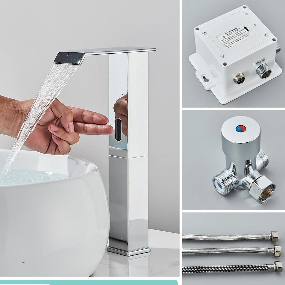 Rozin preto inteligente sensor torneira da bacia do banheiro touchless automático sentido misturador cachoeira água quente e fria lavatório guindaste