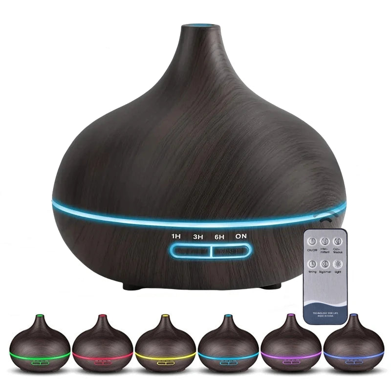 USB Aroma Difusor com Luzes LED e Controle Remoto, Difusor De Óleo Essencial, Alimentado Umidificador De Ar, Cor De Madeira, 7 Cores, 550ml