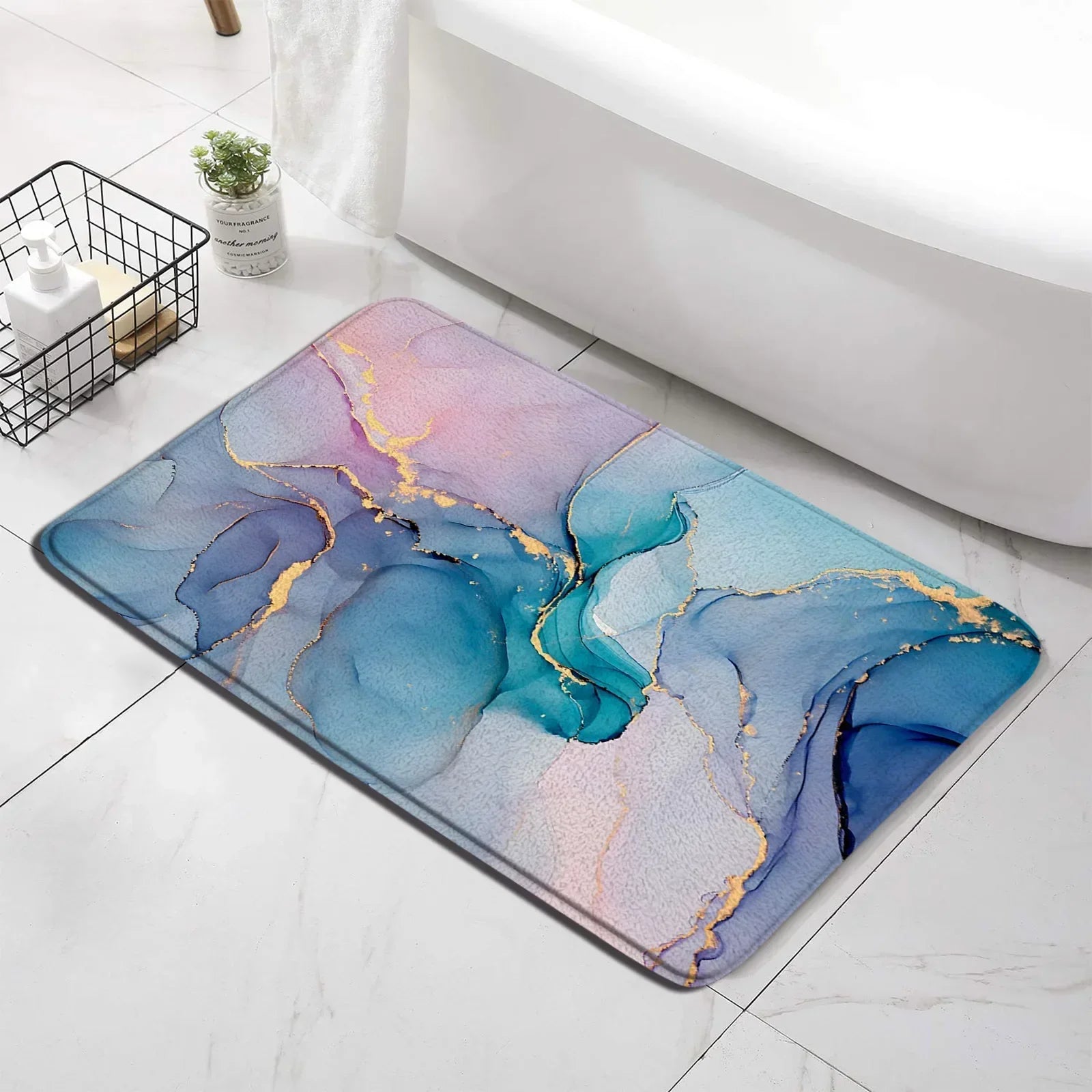 Conjunto de tapete de banho abstrato turquesa, arte moderna com tinta, padrão texturizado, decoração de banheiro, tampa de vaso sanitário