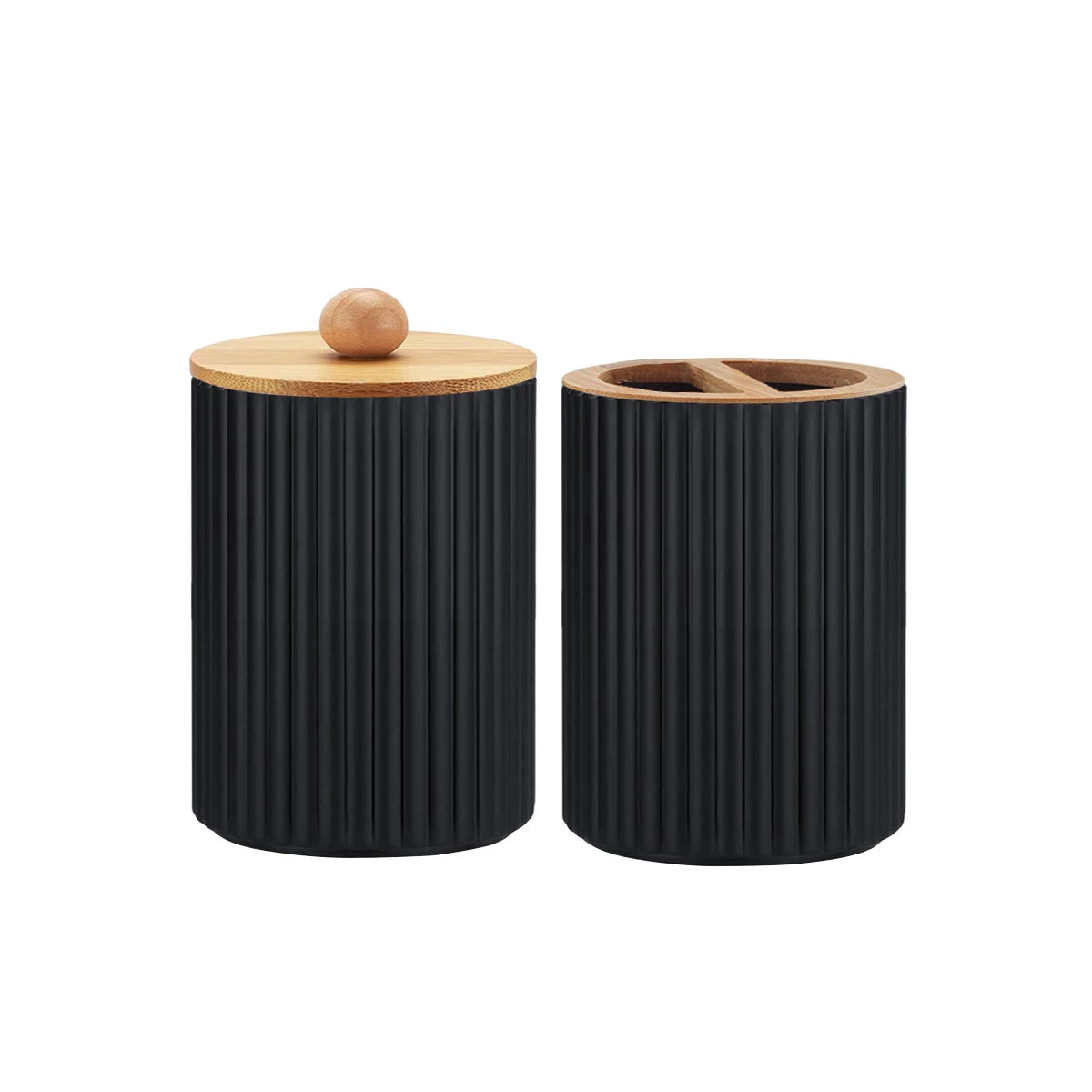 Elegante Conjunto de Acessórios para Banheiro em Plástico com Detalhes em Madeira