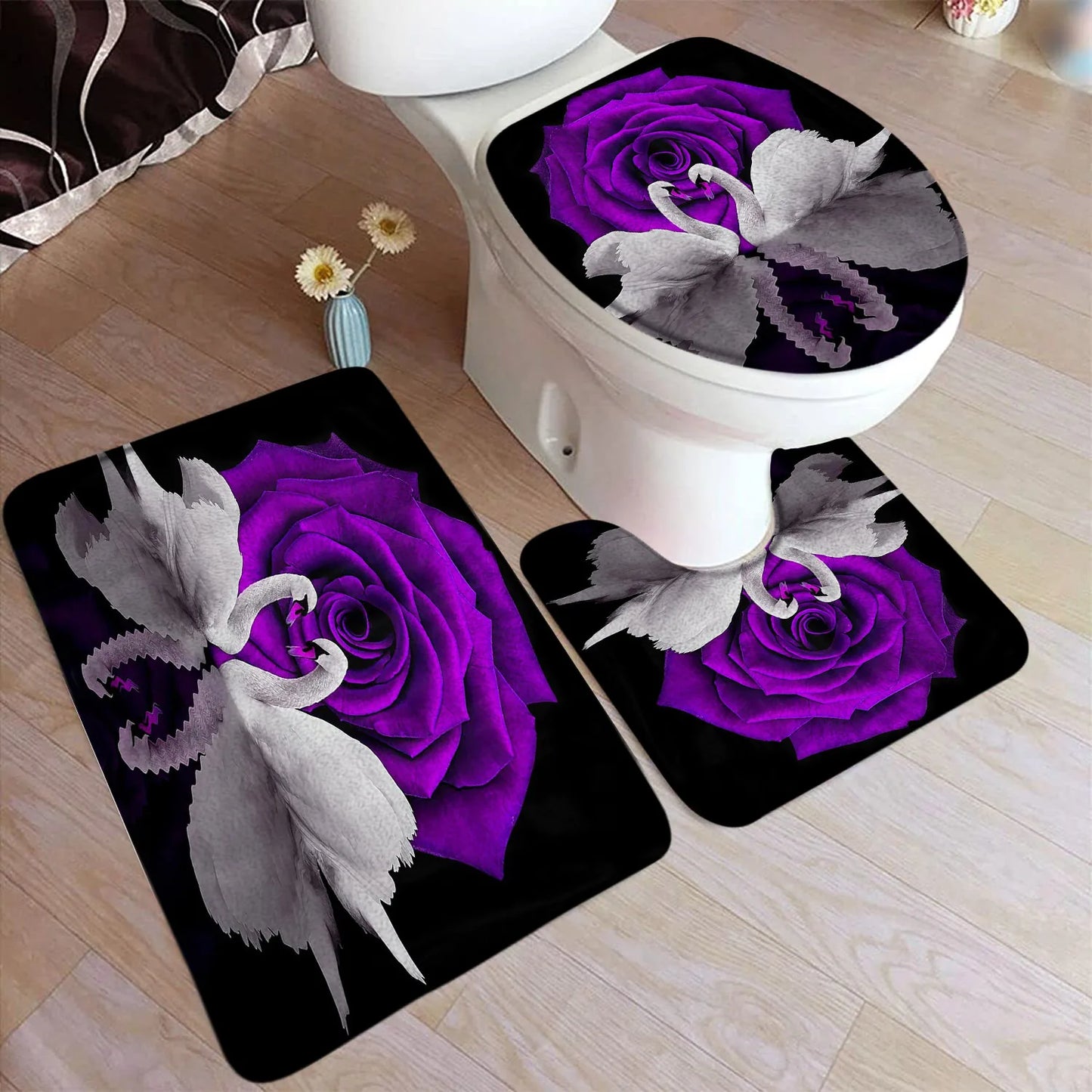 Floral branco cisne conjunto tapete de banho vermelho rosa flor animal reflexão água preto casa tapete decoração do banheiro tapetes capa toalete
