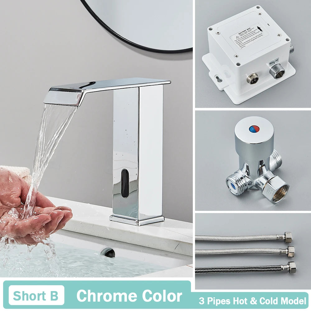 Rozin preto inteligente sensor torneira da bacia do banheiro touchless automático sentido misturador cachoeira água quente e fria lavatório guindaste