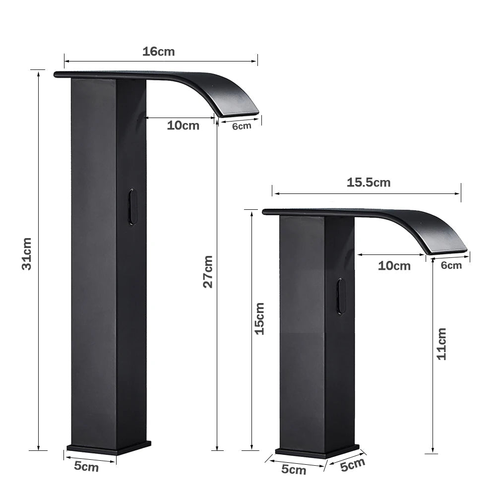 Rozin preto inteligente sensor torneira da bacia do banheiro touchless automático sentido misturador cachoeira água quente e fria lavatório guindaste