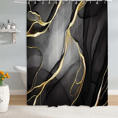 1/4 pces preto dourado padrão de mármore conjunto de banheiro, cortina de chuveiro multifuncional impermeável e isolante, com 12 ganchos, não-sl