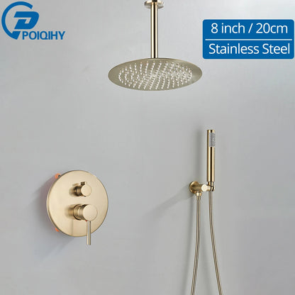 Torneira de chuveiro dourada escovada, embutida em 2 maneiras, misturadores de chuveiro, montagem na parede, chuveiro de banheiro, cabeça de aço inoxidável