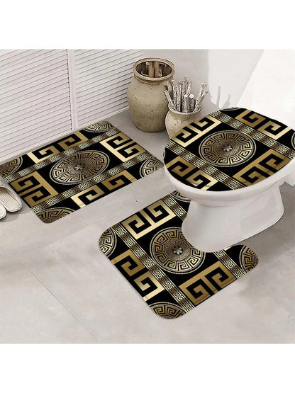 Conjunto de banheiro de 4 peças, cortina de chuveiro de tecido à prova d'água estilo palácio com 12 ganchos, tapete de banheiro antiderrapante, tampa de vaso sanitário em forma de u