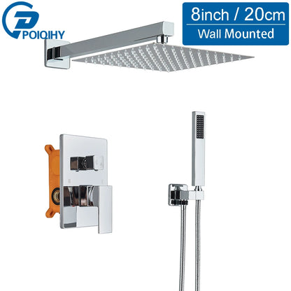 Conjunto de chuveiro cromado oculto, torneira do chuveiro do banheiro, misturador de chuveiro, cascata, chuveiro de chuva, 2 maneiras, válvula misturadora de latão