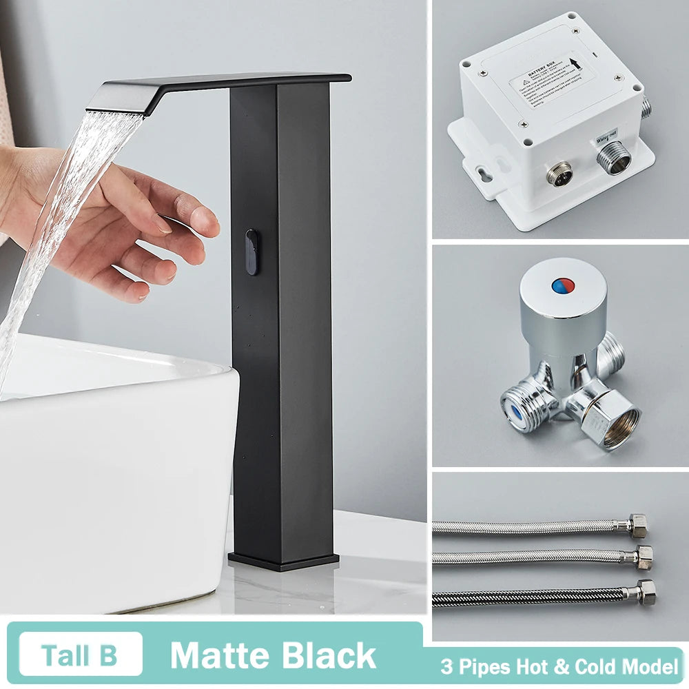 Rozin preto inteligente sensor torneira da bacia do banheiro touchless automático sentido misturador cachoeira água quente e fria lavatório guindaste