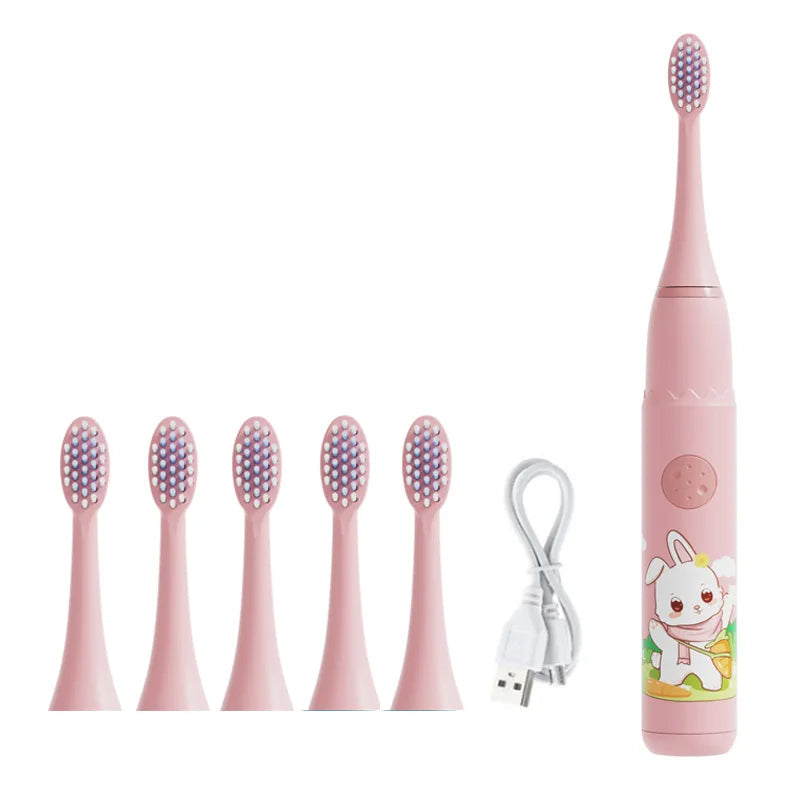 Crianças escova de dentes elétrica dos desenhos animados crianças com cabeça substituição ultra sônica ipx7 à prova dwaterproof água recarregável sonic escova