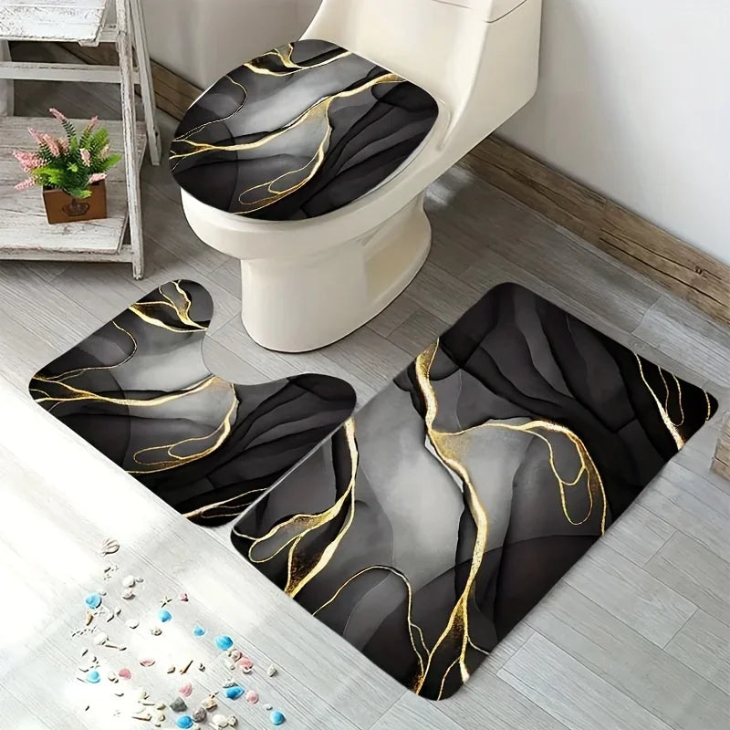 1/4 pces preto dourado padrão de mármore conjunto de banheiro, cortina de chuveiro multifuncional impermeável e isolante, com 12 ganchos, não-sl