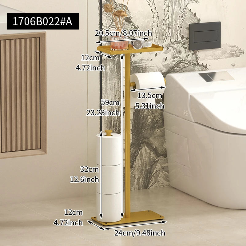 Rack de papel higiênico de chão, rack sanitário de banheiro dourado com bandeja de telefone, rack de armazenamento multifuncional