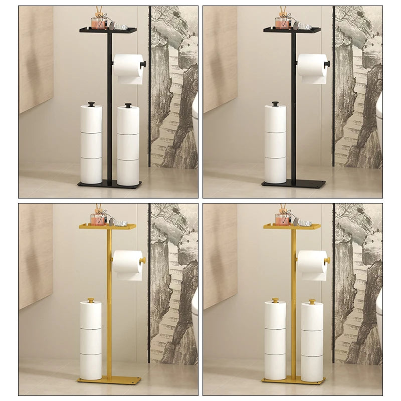 Rack de papel higiênico de chão, rack sanitário de banheiro dourado com bandeja de telefone, rack de armazenamento multifuncional