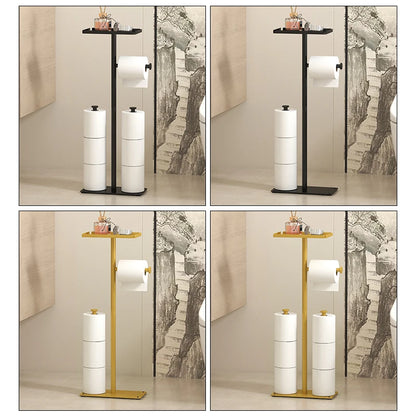 Rack de papel higiênico de chão, rack sanitário de banheiro dourado com bandeja de telefone, rack de armazenamento multifuncional