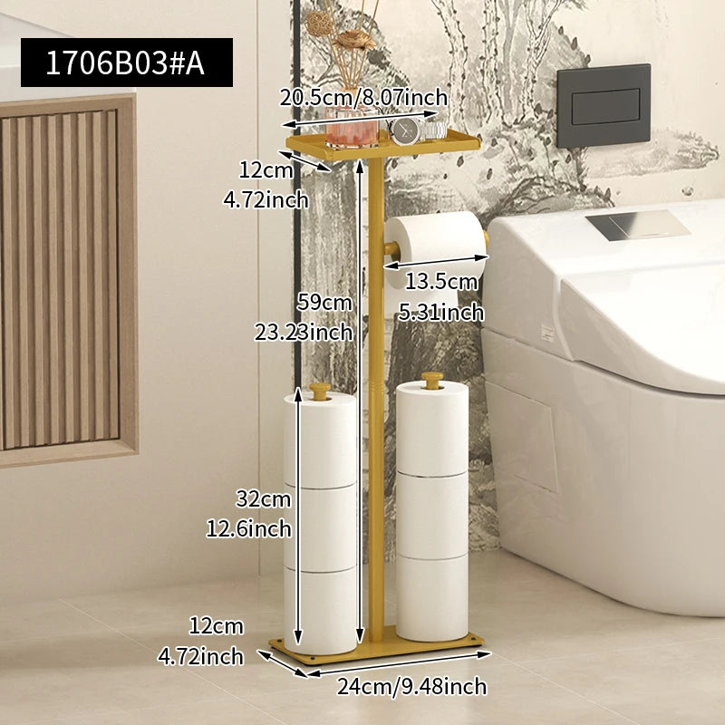 Rack de papel higiênico de chão, rack sanitário de banheiro dourado com bandeja de telefone, rack de armazenamento multifuncional