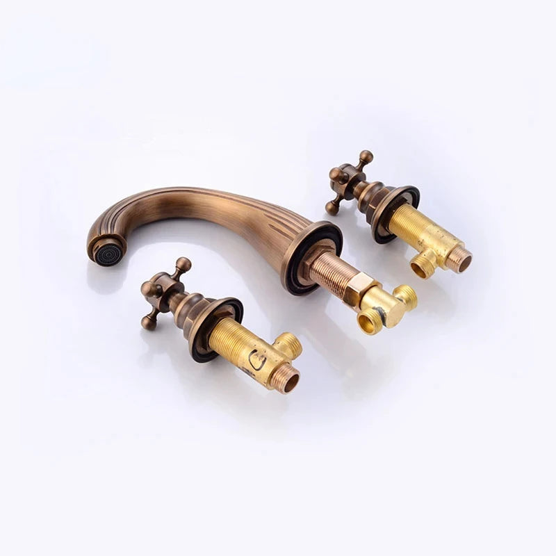 Antique Brass Classic Torneira De Pia De Banheiro, Double Cross Handle, 3 furos Banheiro, torneiras misturadoras, ouro, 3pcs