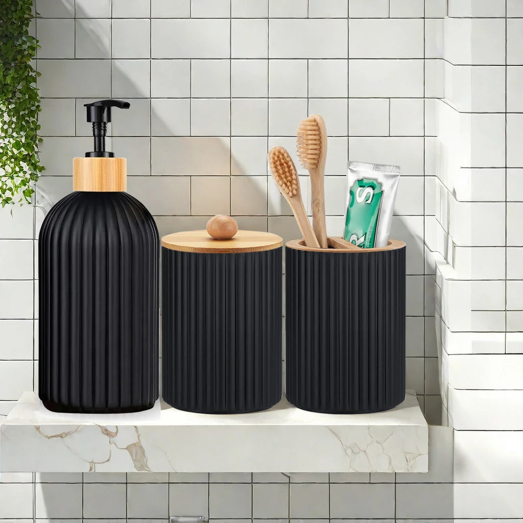 Elegante Conjunto de Acessórios para Banheiro em Plástico com Detalhes em Madeira