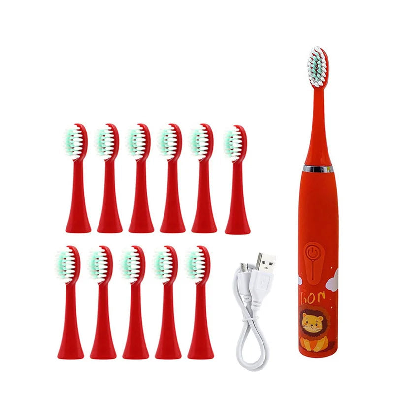 Crianças escova de dentes elétrica dos desenhos animados crianças com cabeça substituição ultra sônica ipx7 à prova dwaterproof água recarregável sonic escova