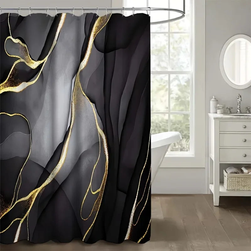 1/4 pces preto dourado padrão de mármore conjunto de banheiro, cortina de chuveiro multifuncional impermeável e isolante, com 12 ganchos, não-sl
