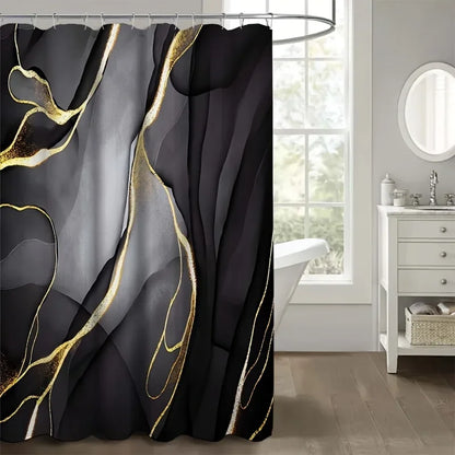 1/4 pces preto dourado padrão de mármore conjunto de banheiro, cortina de chuveiro multifuncional impermeável e isolante, com 12 ganchos, não-sl